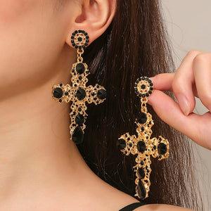 1 Pair Gothic Vintage Black Crystal Cross Drop Earrings, Punk Style Zinc Alloy Jewelry - Zambeel