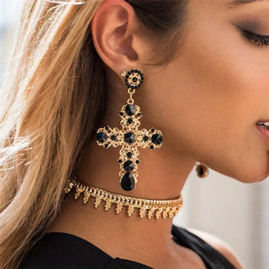 1 Pair Gothic Vintage Black Crystal Cross Drop Earrings, Punk Style Zinc Alloy Jewelry - Zambeel