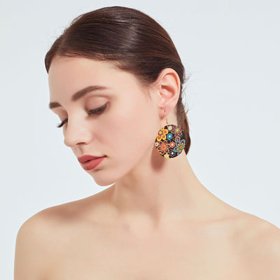 1 Pair Of European And American Style Drop Earrings, New Fashion Exaggerated Floral Design, Trendy Oversized Computer Chip Enamel Flower Earrings - Zambeel