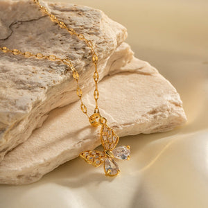 18K Gold Stainless Steel Inlaid White Zircon Butterfly Pendant Necklace - Zambeel