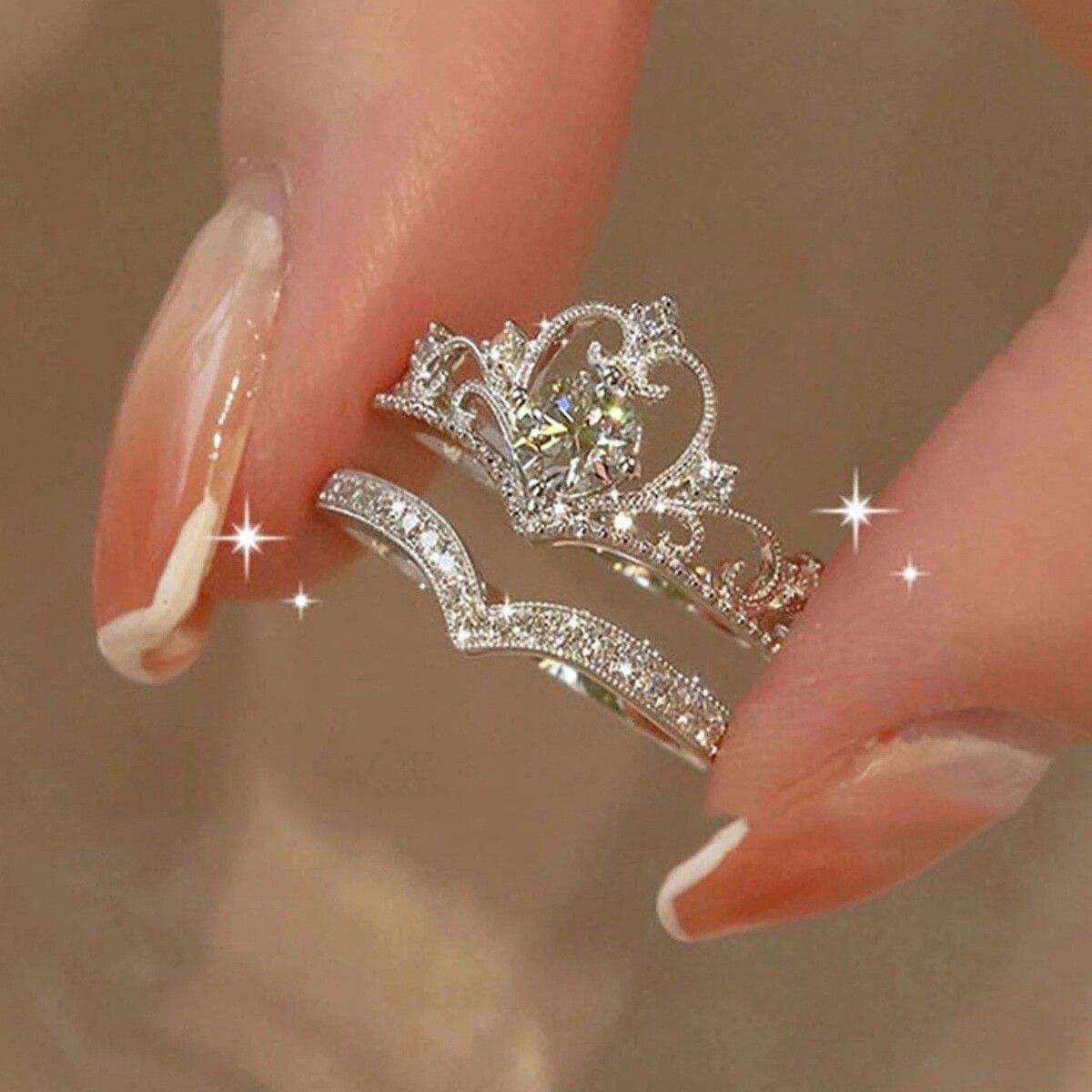 2pc Light Luxury Crown Ring For Women, 2 - in - 1 Detachable Niche Design Ins Trendy Stackable Diamond Ring, Gift For Girlfriend - Zambeel