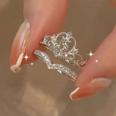 2pc Light Luxury Crown Ring For Women, 2 - in - 1 Detachable Niche Design Ins Trendy Stackable Diamond Ring, Gift For Girlfriend - Zambeel