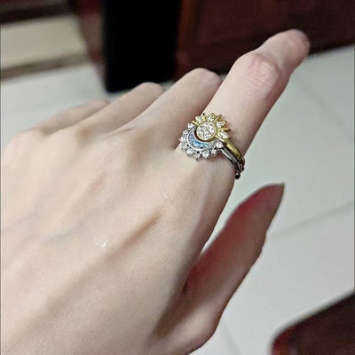 2PC Sun & Moon Couple Rings, Two - Tone Gold Silver Plated, Cubic Zirconia Adjustable Open Ring Set, Perfect Gift For Her - Zambeel
