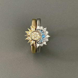 2PC Sun & Moon Couple Rings, Two - Tone Gold Silver Plated, Cubic Zirconia Adjustable Open Ring Set, Perfect Gift For Her - Zambeel