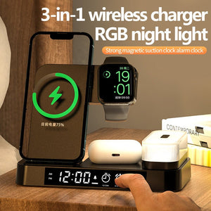 4 In 1 Multifunction Wireless Charger Station With Alarm Clock Display Foldable Wireless Charger Stand With RGB Night Light - Zambeel