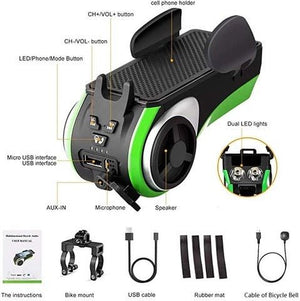 5 In 1 Double LED Bicycle Light Bluetooth Audio MP3 Player Speaker Charging Power Bank Ring Bell Bicycle Phone Holder - Zambeel