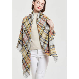 59 X 59in Yellow Blue Womens Fall Winter Scarf Plaid Tassel Soft Warm Blanket Scarves Womens Shawl Wraps - Zambeel