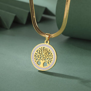 Affordable Luxury Fashion Titanium Steel Diamond Outer Ring Big Tree Pendant Snake Chain - Zambeel