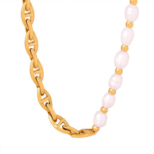 All - Match Titanium Steel Gold - Plated Freshwater Pearl Necklace - Zambeel