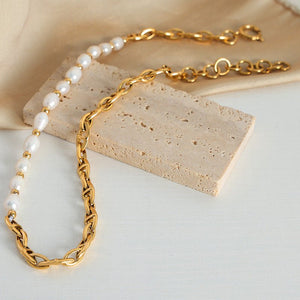 All - Match Titanium Steel Gold - Plated Freshwater Pearl Necklace - Zambeel