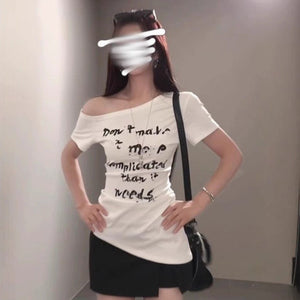 American - style Asymmetrical White Letter - print Off - shoulder Short - sleeve T-shirt - Zambeel