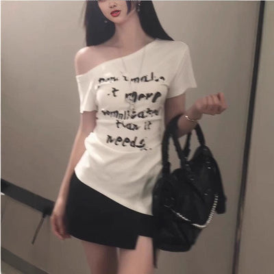 American - style Asymmetrical White Letter - print Off - shoulder Short - sleeve T-shirt - Zambeel