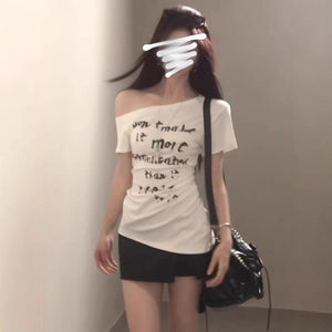 American - style Asymmetrical White Letter - print Off - shoulder Short - sleeve T-shirt - Zambeel
