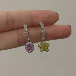 Asymmetric Green Star Ear Studs Women's Diamond - Zambeel