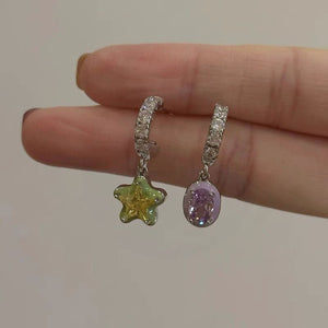 Asymmetric Green Star Ear Studs Women's Diamond - Zambeel