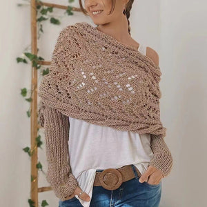 Autumn And Winter Warm Knitted Shawl Women's Hollowed - out Double Sleeve Shawl Collar Fashion Natural For Home And Party - Zambeel