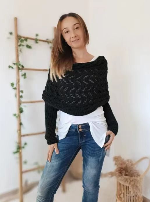 Autumn And Winter Warm Knitted Shawl Women's Hollowed - out Double Sleeve Shawl Collar Fashion Natural For Home And Party - Zambeel