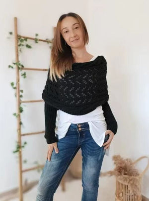 Autumn And Winter Warm Knitted Shawl Women's Hollowed - out Double Sleeve Shawl Collar Fashion Natural For Home And Party - Zambeel