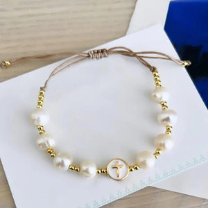 Baroque Natural Pearl Knitting Accessories All - match Beaded Cross Bracelet - Zambeel
