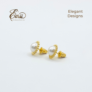 Beaded Border Pearl Gold Earring | Stainless Steel | 18K Gold Plated - Zambeel