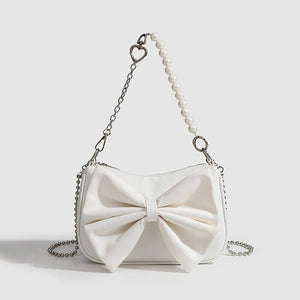 Black White PU Bow Handbags Autumn Winter Ladies Underarm Tote Bags Fashion Simple Pearl Chain Shoulder Bag Small Purse - Zambeel