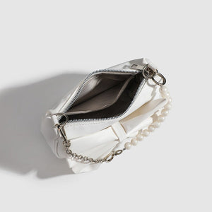 Black White PU Bow Handbags Autumn Winter Ladies Underarm Tote Bags Fashion Simple Pearl Chain Shoulder Bag Small Purse - Zambeel