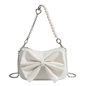 Black White PU Bow Handbags Autumn Winter Ladies Underarm Tote Bags Fashion Simple Pearl Chain Shoulder Bag Small Purse - Zambeel