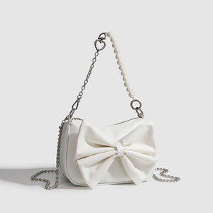 Black White PU Bow Handbags Autumn Winter Ladies Underarm Tote Bags Fashion Simple Pearl Chain Shoulder Bag Small Purse - Zambeel