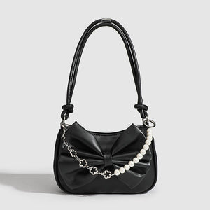 Black White PU Bow Handbags Autumn Winter Ladies Underarm Tote Bags Fashion Simple Pearl Chain Shoulder Bag Small Purse - Zambeel