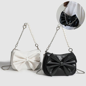Black White PU Bow Handbags Autumn Winter Ladies Underarm Tote Bags Fashion Simple Pearl Chain Shoulder Bag Small Purse - Zambeel