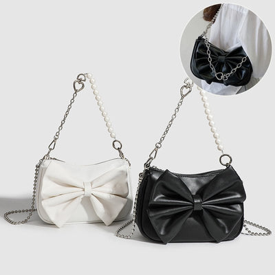 Black White PU Bow Handbags Autumn Winter Ladies Underarm Tote Bags Fashion Simple Pearl Chain Shoulder Bag Small Purse - Zambeel
