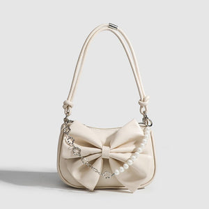 Black White PU Bow Handbags Autumn Winter Ladies Underarm Tote Bags Fashion Simple Pearl Chain Shoulder Bag Small Purse - Zambeel