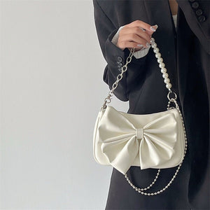Black White PU Bow Handbags Autumn Winter Ladies Underarm Tote Bags Fashion Simple Pearl Chain Shoulder Bag Small Purse - Zambeel