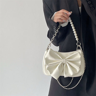 Black White PU Bow Handbags Autumn Winter Ladies Underarm Tote Bags Fashion Simple Pearl Chain Shoulder Bag Small Purse - Zambeel