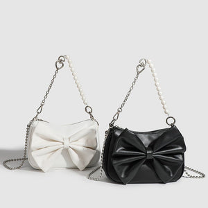 Black White PU Bow Handbags Autumn Winter Ladies Underarm Tote Bags Fashion Simple Pearl Chain Shoulder Bag Small Purse - Zambeel