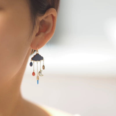 Blue Cloud Star And Moon Pendant Tassel Earrings - Zambeel