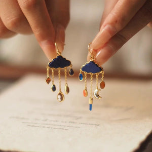 Blue Cloud Star And Moon Pendant Tassel Earrings - Zambeel