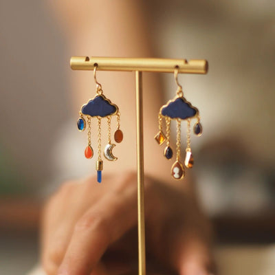 Blue Cloud Star And Moon Pendant Tassel Earrings - Zambeel