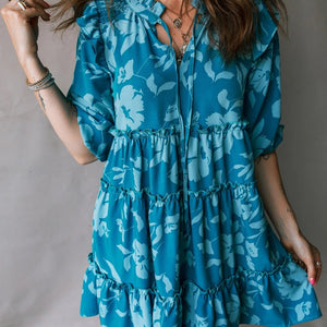 Blue Flower Half Sleeve Tiered Ruffled Mini Dress - Zambeel