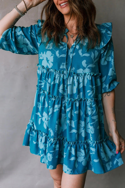 Blue Flower Half Sleeve Tiered Ruffled Mini Dress - Zambeel