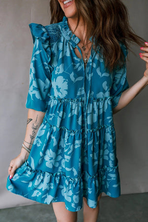 Blue Flower Half Sleeve Tiered Ruffled Mini Dress - Zambeel