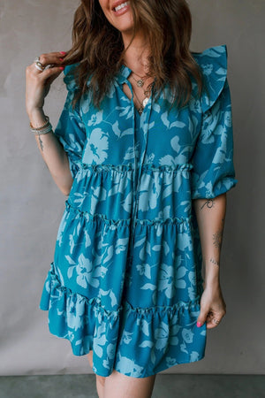 Blue Flower Half Sleeve Tiered Ruffled Mini Dress - Zambeel
