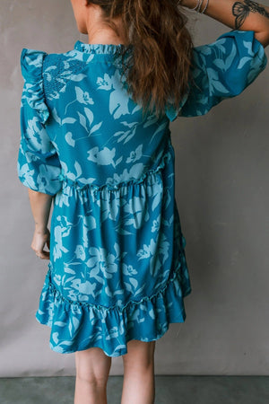Blue Flower Half Sleeve Tiered Ruffled Mini Dress - Zambeel