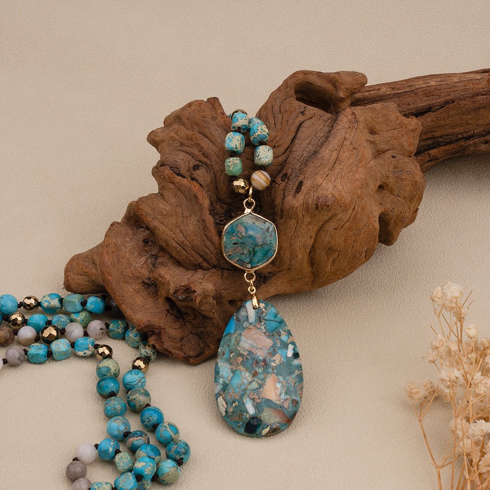 Bohemian - style Natural Stone Blue Teardrop Knotted Necklace - Zambeel