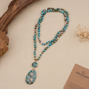 Bohemian - style Natural Stone Blue Teardrop Knotted Necklace - Zambeel