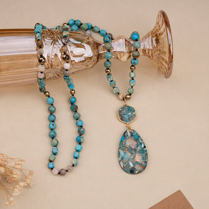 Bohemian - style Natural Stone Blue Teardrop Knotted Necklace - Zambeel