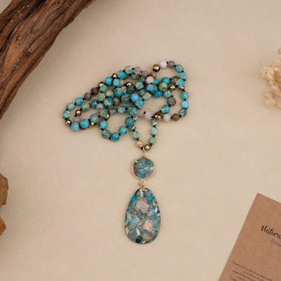Bohemian - style Natural Stone Blue Teardrop Knotted Necklace - Zambeel