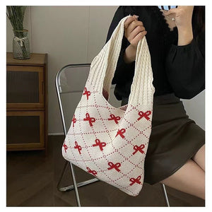 Bow High Sense Light Luxury Minority Shoulder Bag Casual Knitted Woven Bag - Zambeel