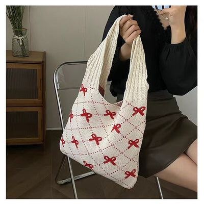 Bow High Sense Light Luxury Minority Shoulder Bag Casual Knitted Woven Bag - Zambeel
