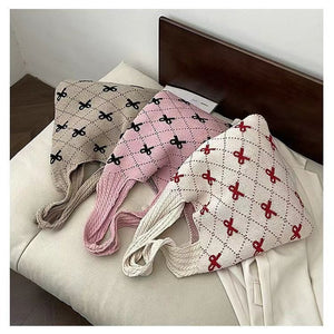 Bow High Sense Light Luxury Minority Shoulder Bag Casual Knitted Woven Bag - Zambeel